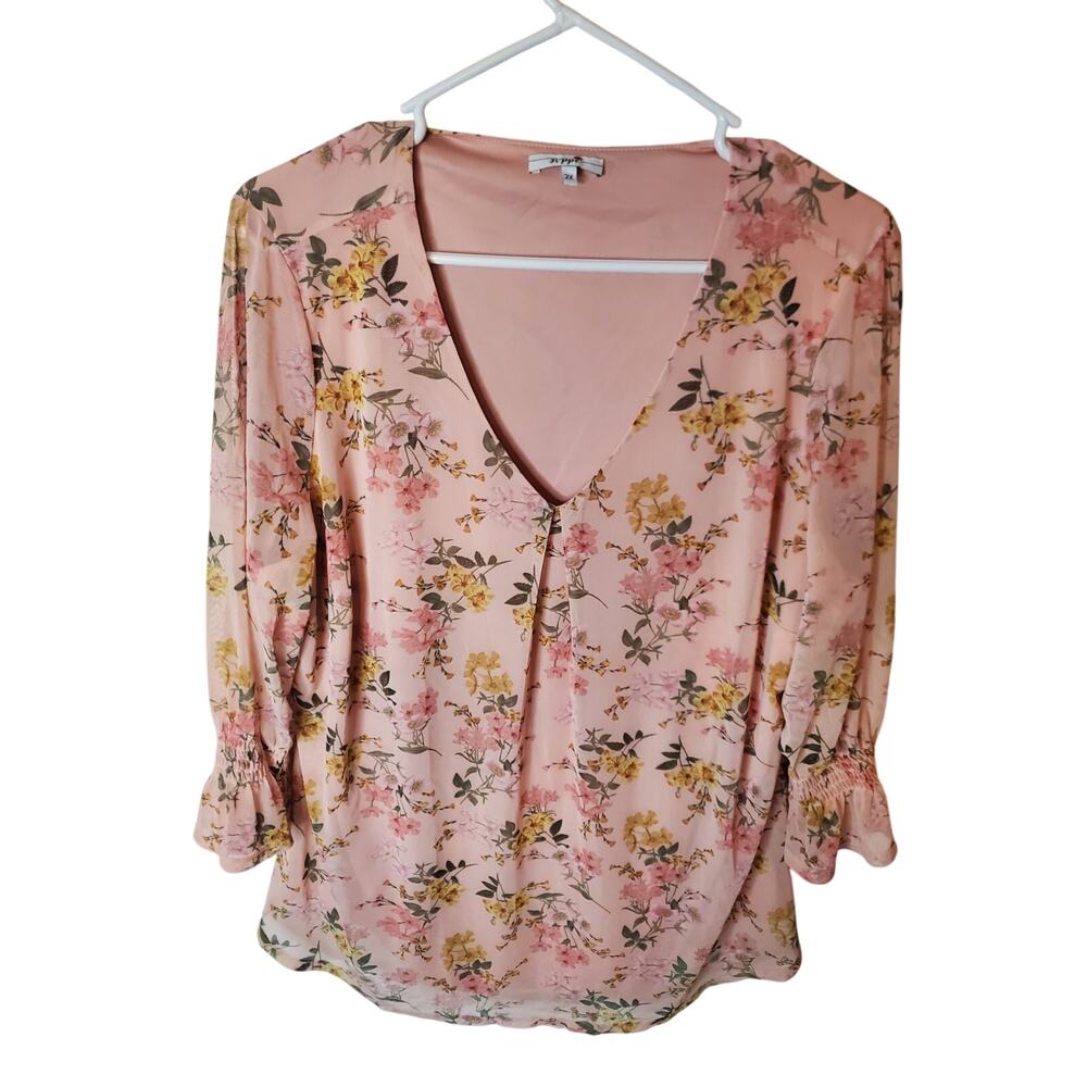 Poppi Gauzy Peach Floral V-neck Blouse, 2X